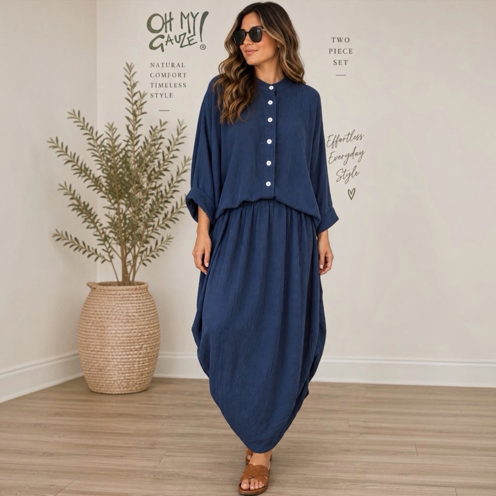 Oh My Gauze Navy 100% Cotton Gauze Shirt Skirt 2 Piece Set Boho